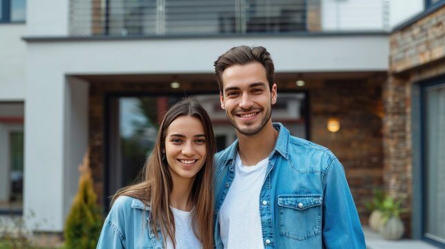 Happy couple standing in front of their new home. Young family buying new house, lifestyle. Rent or own real estate.