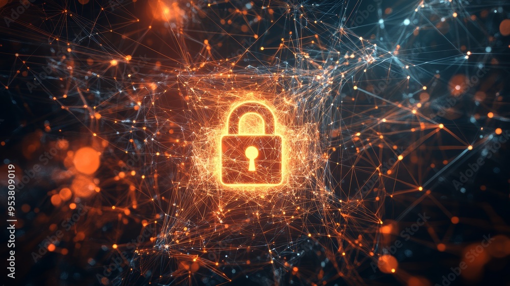 Poster Orange lock icon with network lines representing digital security and data protection in cyberspace.