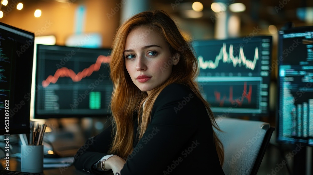 Poster Young Woman in Black Blazer Working at Computer with Data Charts on Multiple Monitors