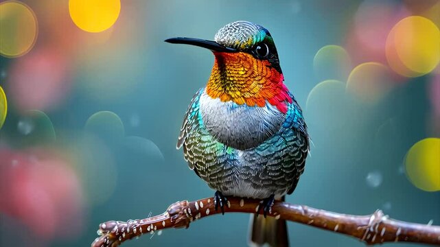 Colorful hummingbird sitting on a branch against a blurred background of warm tones