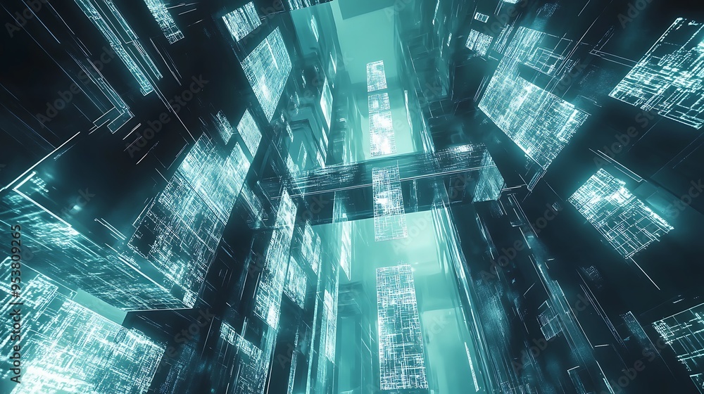 Poster skyscraper with futuristic architecture and advanced sustainable building systems
