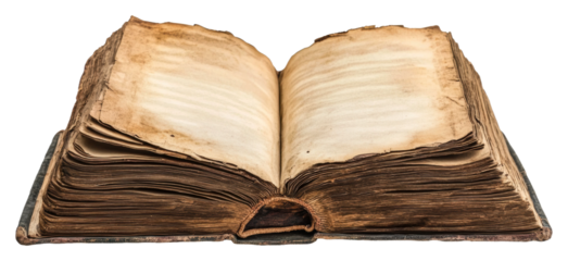 Ancient open book resting isolated on transparent background