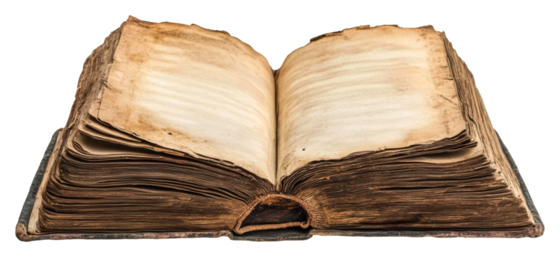 Ancient open book resting isolated on transparent background