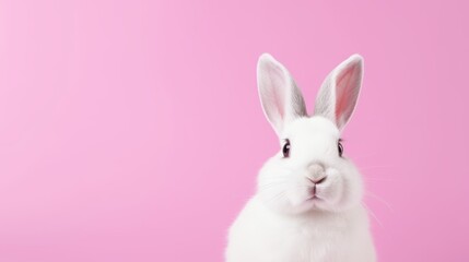 Obraz premium cute animal pet rabbit or bunny white color smiling and laughing isolated with copy space for easter background, rabbit, animal, pet, cute, fur, ear, mammal, background, celebration, generate by AI