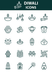 Diwali hindu celebration elements, line icons