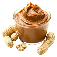 Creamy peanut butter in a glass bowl with peanuts isolated on transparent background