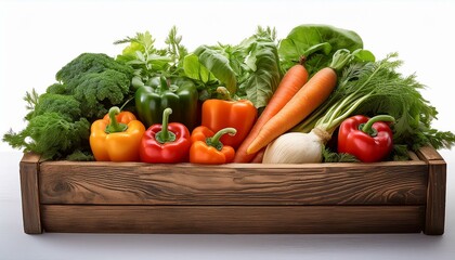 A rustic wooden box overflowing with fresh vegetables like carrots, bell peppers, and leafy