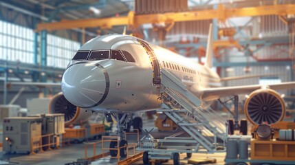 An aerospace facility constructing aircraft flat design side view aviation manufacturing.