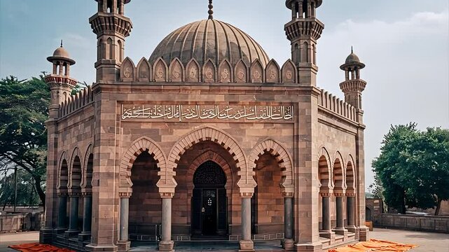 Mosque in Africa  heritage structure with ornate architecture and a domed roof surrounded by lush greenery