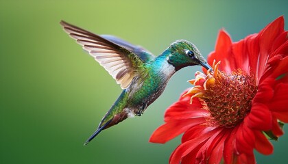 Obraz premium A vibrant hummingbird feeding on a bright red flower with its beak deep in the blossom, set 