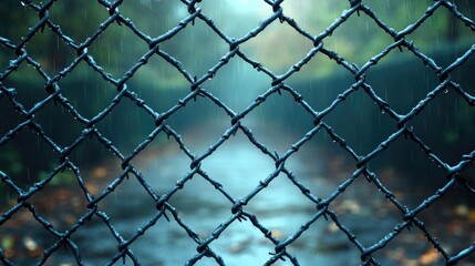Fototapeta premium view along a high fence with barbed wire against blue und colorful sunset sky.