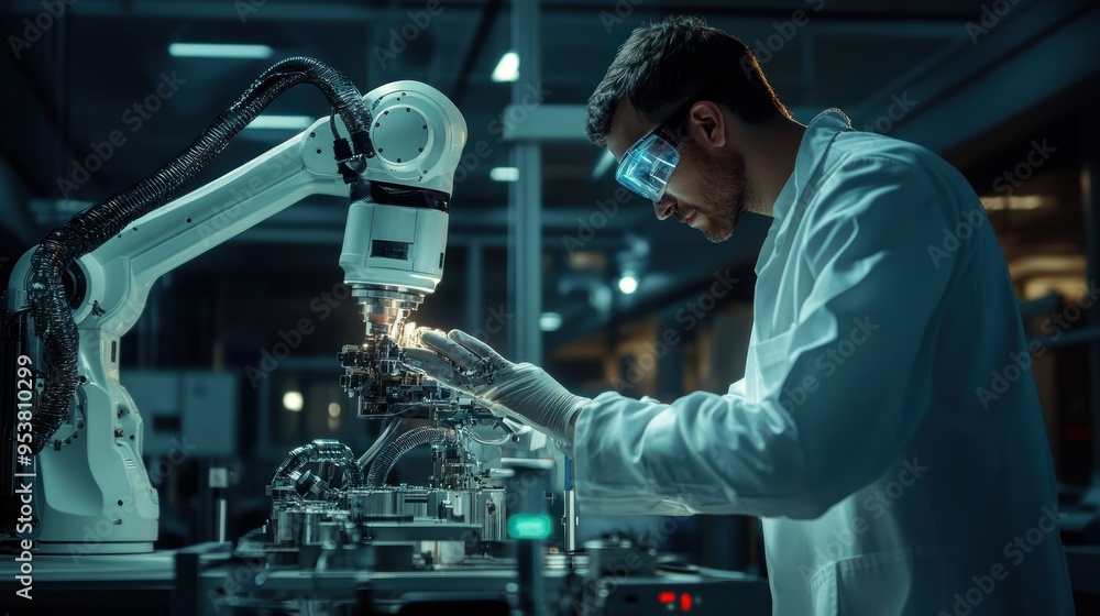 Poster A Man in a Lab Coat Working With a Robotic Arm and Machinery