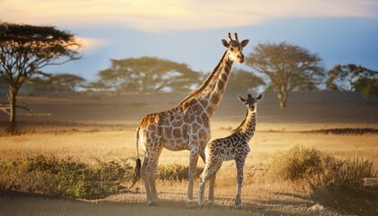 Obraz premium A young giraffe standing beside its mother, with the savanna landscape softly out of focus i 