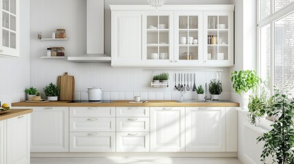 A kitchen with white cabinets and a wooden countertop 