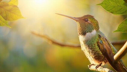 Fototapeta premium Profile view of a hummingbird perched delicately on a thin branch, with gentle sunlight filt