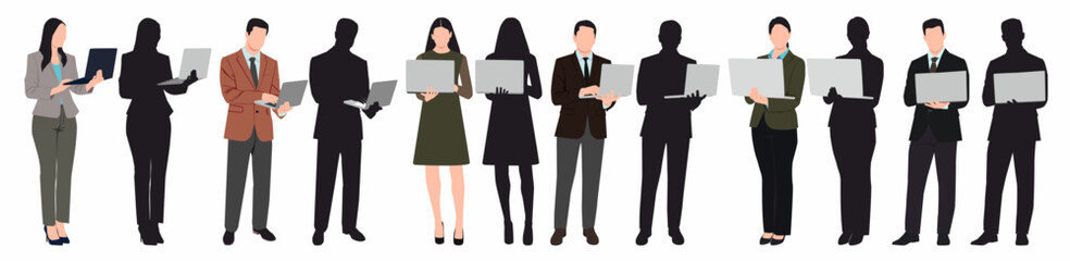 Business people working at laptop. Different men and women standing using laptop. 