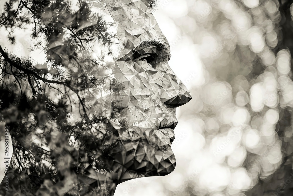 Poster abstract portrait of a person with triangles overlaid on a tree branch
