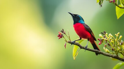 Fototapeta premium Crimson Sunbird Perched on Branch in Nature at Kitchakoot Mountain National Park, Thailand Generative AI