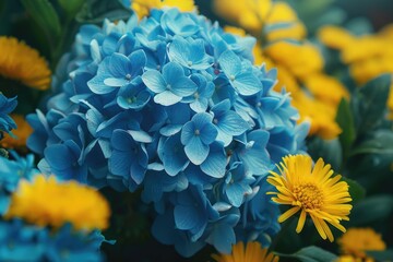Bouquet from blue hydrangeas and yellow asters  a flower background