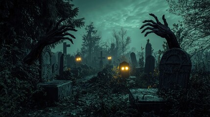A dark, eerie graveyard with glowing eyes and zombie hands reaching out from multiple graves.