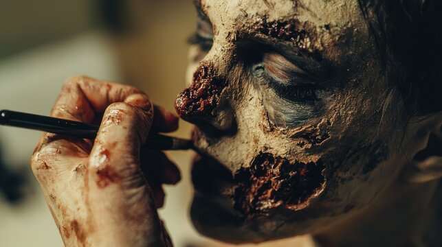A person applying realistic zombie makeup, complete with fake wounds and decayed skin.