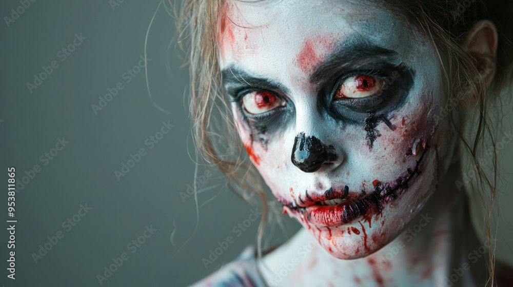 Poster a tutorial-style image showing step-by-step zombie makeup application for halloween.