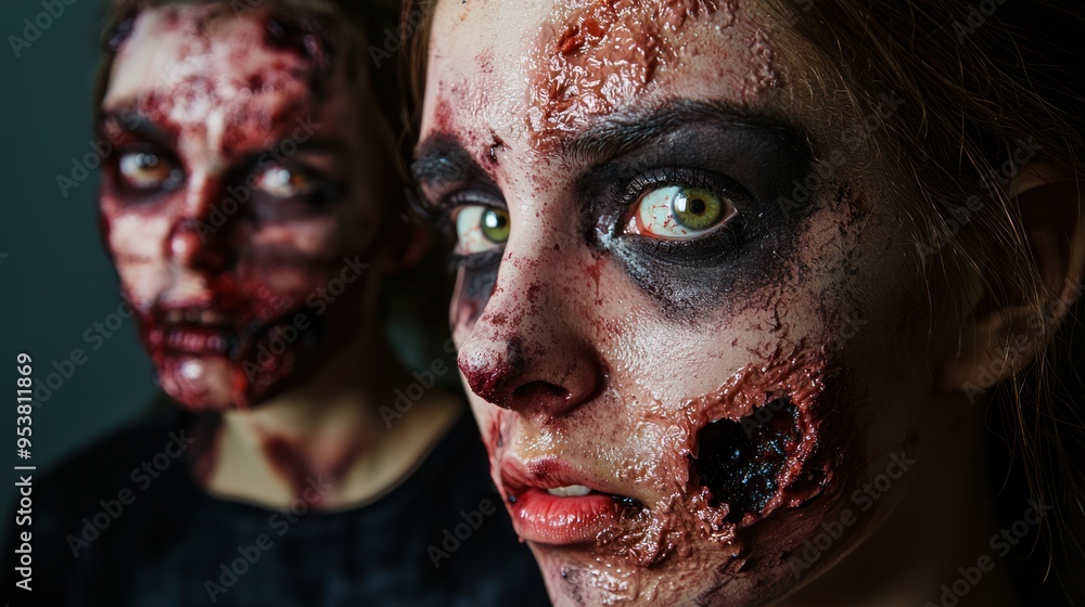 Aufkleber a tutorial-style image showing step-by-step zombie makeup application for halloween.