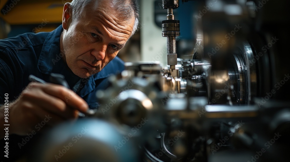 Poster a machinist inspecting a complex mechanical assembly