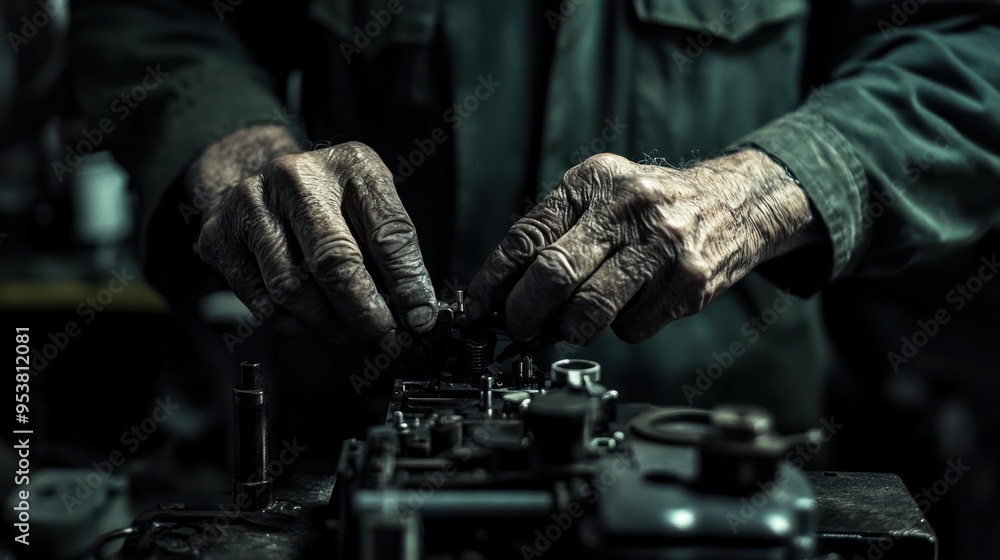 Aufkleber Close-up of Hands Working on a Mechanical Device