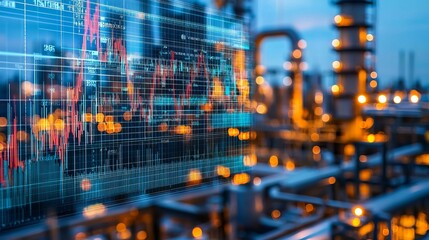 Industrial analytics with data visualization overlaying a refinery scene, showcasing advanced technology in energy production.