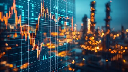 Dynamic stock market graph overlaying a vibrant industrial scene, showcasing economic trends and financial growth.