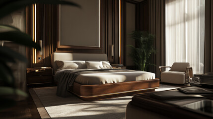 A bedroom with a large bed, a chair, and a potted plant