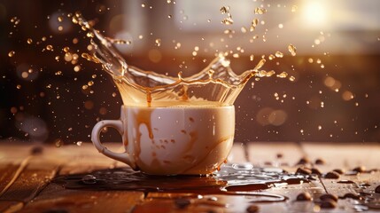 dynamic coffee splash with an elegant cup releasing rich coffee and foam into the air.