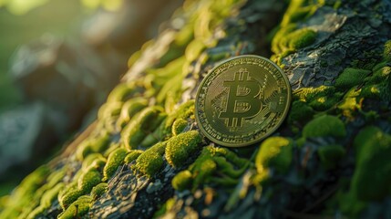 Bitcoin coin on mossy tree  environmental impact of mining.