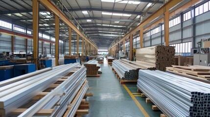 Fototapeta premium Steel factory warehouse displayed aluminum profile for window, door, bathroom box