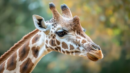 Naklejka premium A close-up of a giraffeâ€™s head, showcasing its long neck and distinctive spots.