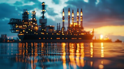 Fototapeta premium An illuminated oil rig at sunset reflecting off the water, showcasing industrial beauty and energy production.