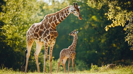 A mother giraffe and her calf standing together, emphasizing their nurturing bond. © sambath
