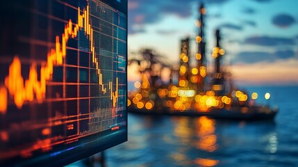 A vibrant stock market graph with an offshore oil rig in the background, symbolizing energy investment and financial analysis.