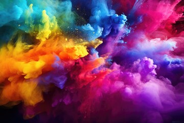 Colored powder explosion. Abstract closeup dust on backdrop. Colorful explode. Paint holi