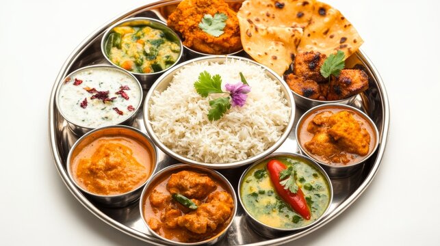 Traditional Indian Food Thaali on White Background Generative AI