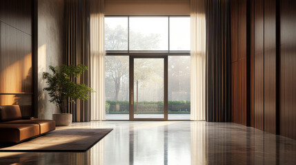 A large window with a curtain drawn and a potted plant in front of it