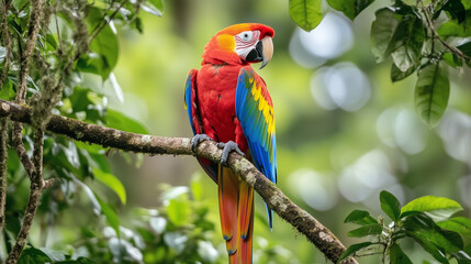 Scarlet Macaw, with its bright red, blue and yellow feathers, perches on a high tree branch in the middle of the Amazon rainforest, Ai generated images