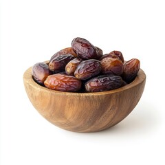 Obraz premium Fresh Mejdool Dates in a Wooden Bowl on White Background, Healthy Snack Concept Generative AI