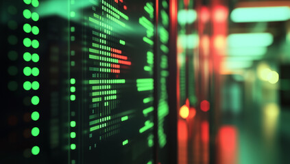 Obraz premium A stock market display showing green and red numbers, with an office background blurred in the foreground.