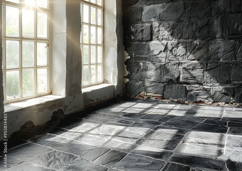 Poster sunlight streams through two large windows onto a slate floor in an old stone building