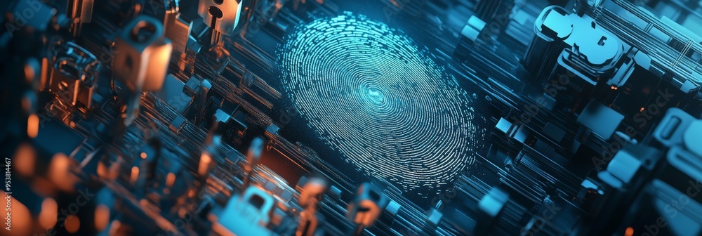Poster Close-up of digital fingerprint on a microchip representing cyber security and biometric authentication.