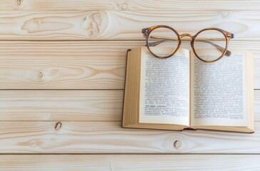 Obraz premium Open Book and Eyeglasses on Wooden Background