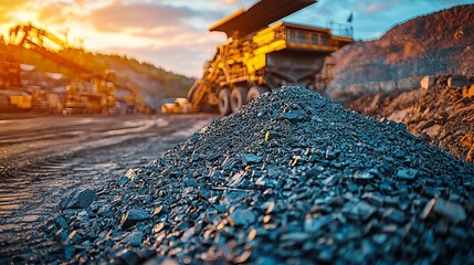 A close-up view of a pile of gravel at a mining site, with machinery and a beautiful sunset in the background.