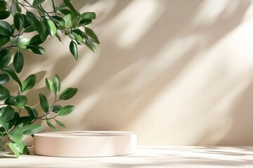 Unobtrusive botanical background with shadow on the wall - trend frame, cover, card, postcard. Exhibition Podium, stand, showcase on pastel light background for premium product , with generative ai